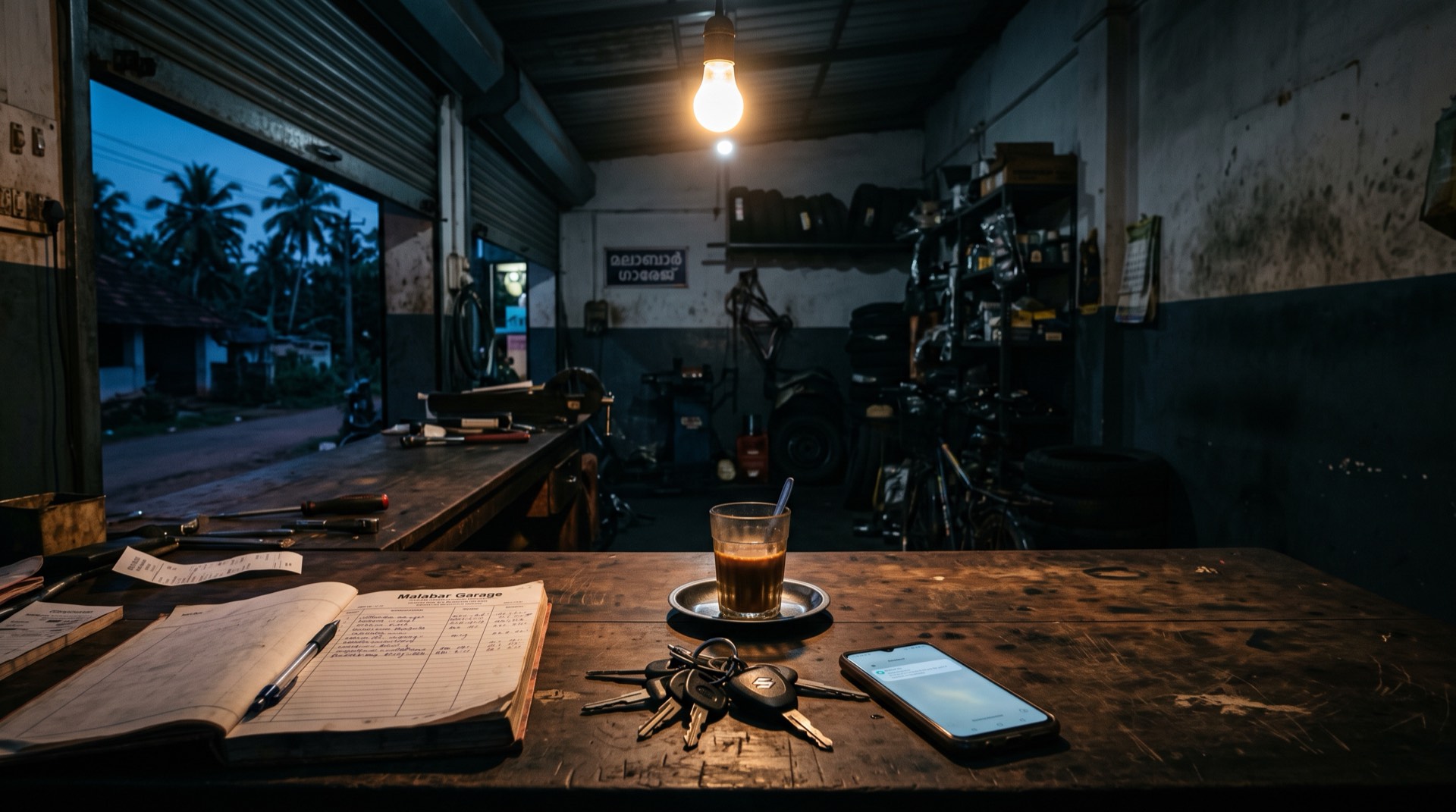 A small workshop counter after closing time: a ledger, a set of car keys, a half-finished chai, and a phone lit up with a message nobody is there to answer.
