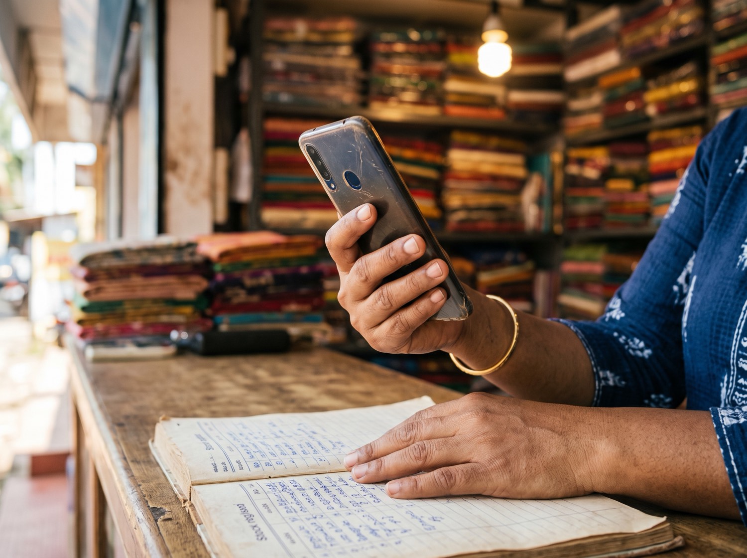 A shopkeeper checking a message on her phone with one hand resting on an open paper stock register, in a small textile shop.