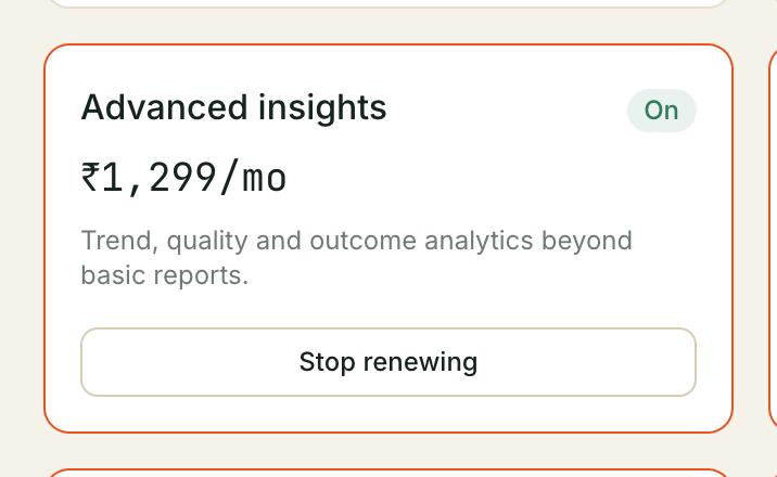 An add-on card not yet added: Advanced insights with its monthly price and an Add button.