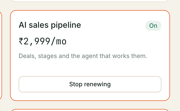 An add-on card that's on: AI sales pipeline with its monthly price and a Stop renewing button.