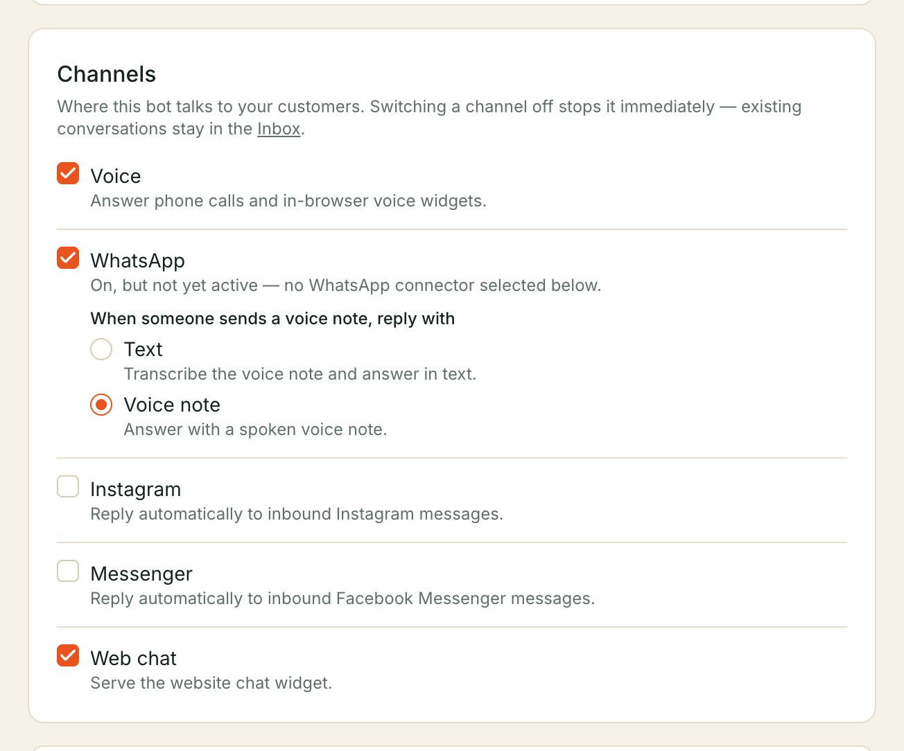 The Channels card: Voice, WhatsApp, Instagram, Messenger and Web chat, each an independent on/off switch.