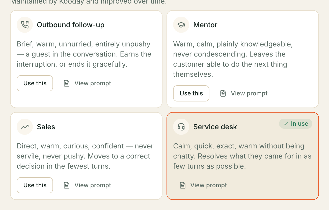 The standard persona grid: Outbound follow-up, Mentor, Sales and Service desk, each with a short description, a Use this button and a View prompt link.