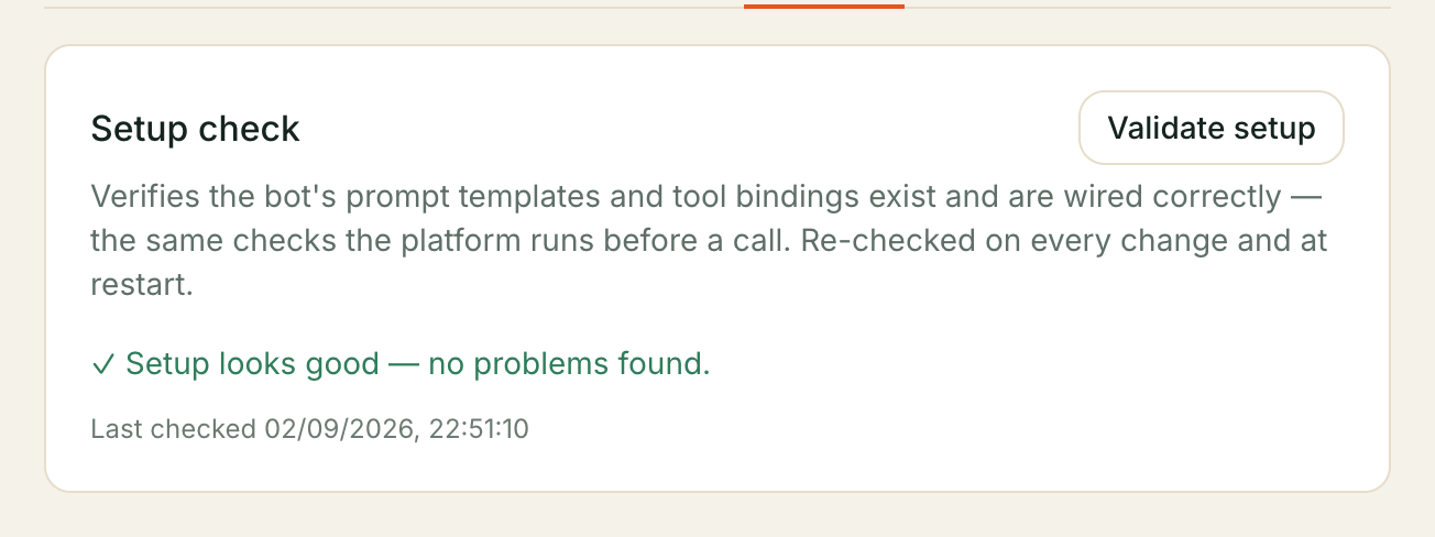 The Setup check card on the Readiness tab: a green result and a Validate setup button.