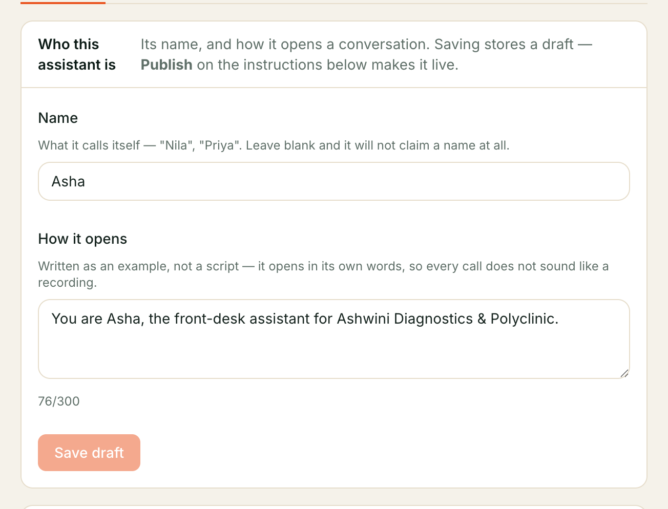 The 'Who this assistant is' card: a Name field and a How it opens field, with a Save draft button.