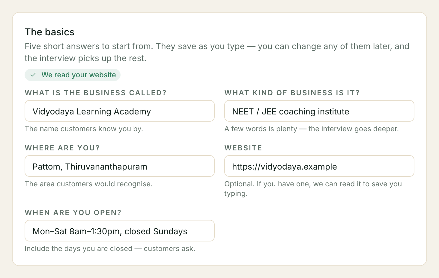 Five boxes and no save button — and the chip beside the heading is how you know the website was read. The five basics boxes filled in for a coaching academy, with a green 'We read your website' chip.