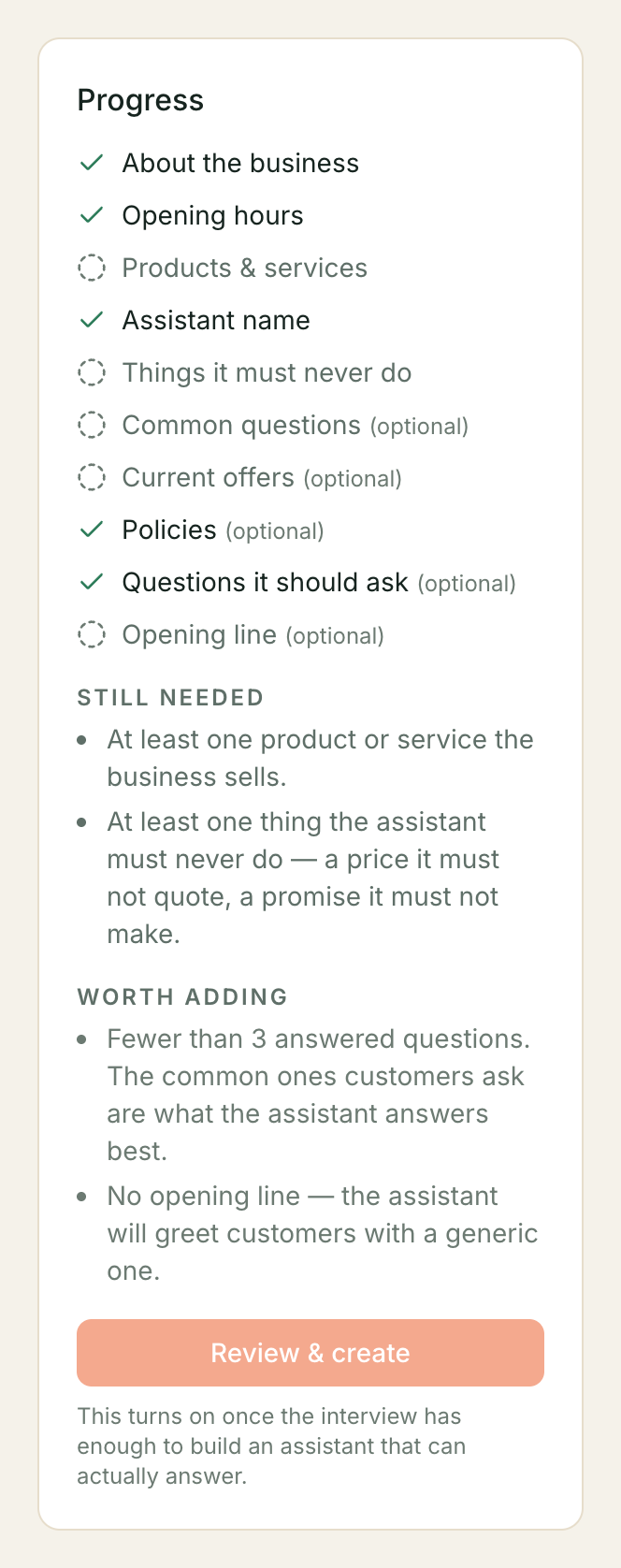 Two required items still open, so the button is off — and Still needed says exactly which two. The Progress checklist part-way through, with two required items still open and the Review & create button greyed out.