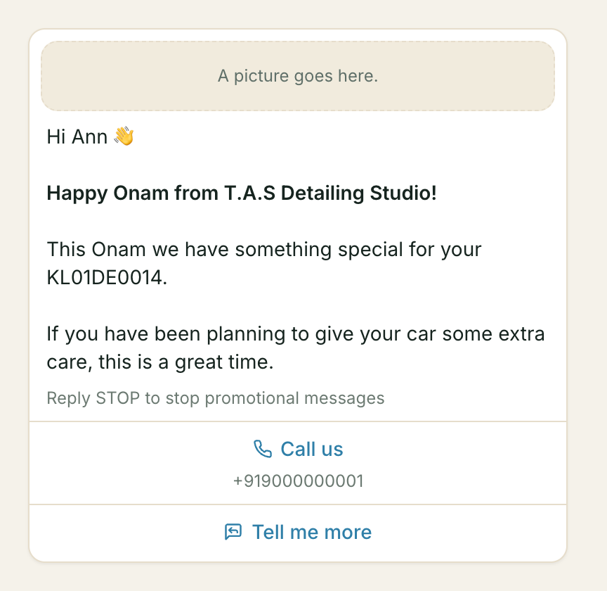 A WhatsApp template drawn as a message bubble: a block where the picture goes, the message with the example values Ann and KL01DE0014 already in its blanks, a small grey "Reply STOP to stop promotional messages" footer, and two button rows underneath.