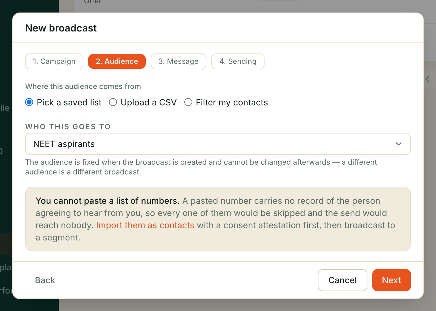 Step 2 of the New broadcast wizard, Audience: 'Pick a saved list' chosen and the NEET aspirants segment selected.