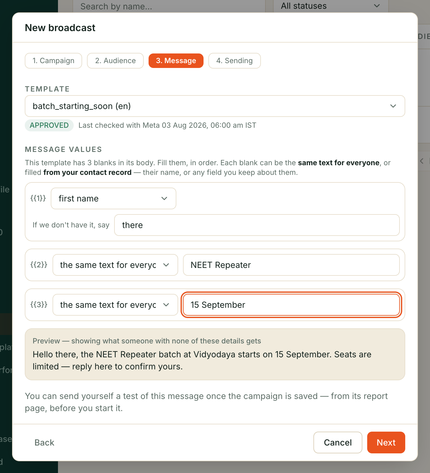Step 3 of the New broadcast wizard, Message: the batch_starting_soon template chosen, showing its approved status, and its three blanks filled — the customer's first name, the batch, and the date.