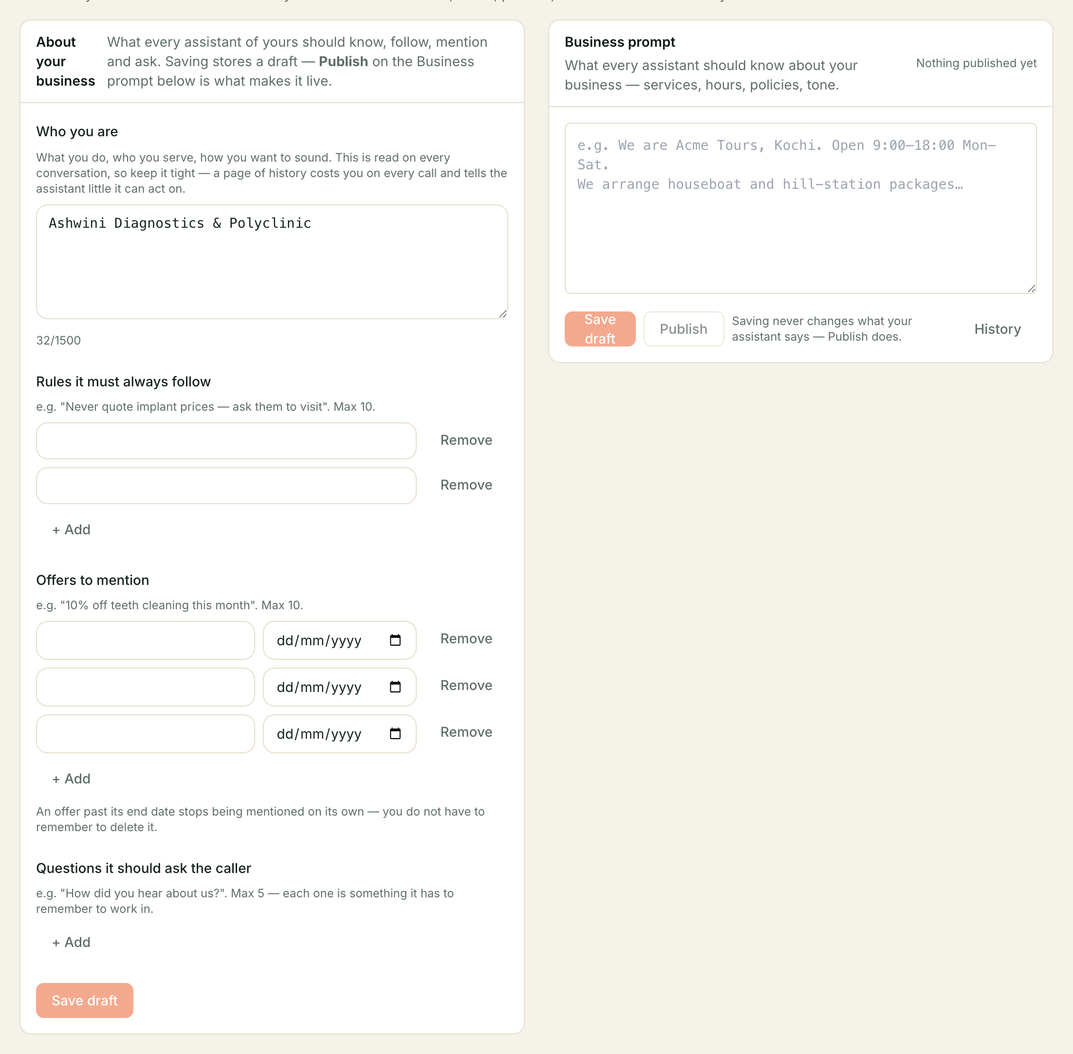 Two views of one document — a structured edit on the left compiles into the prompt on the right the moment you save a draft. The Business profile screen: structured fields on the left, the compiled Business prompt on the right.