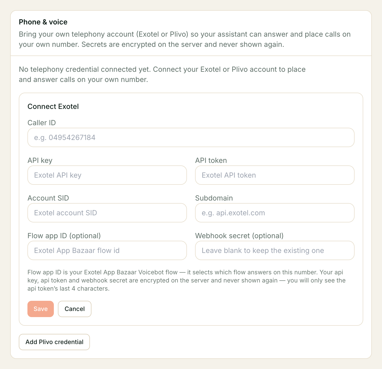 The Connect Exotel form: Caller ID, API key, API token, Account SID, Subdomain, and optional Flow app ID and Webhook secret fields.