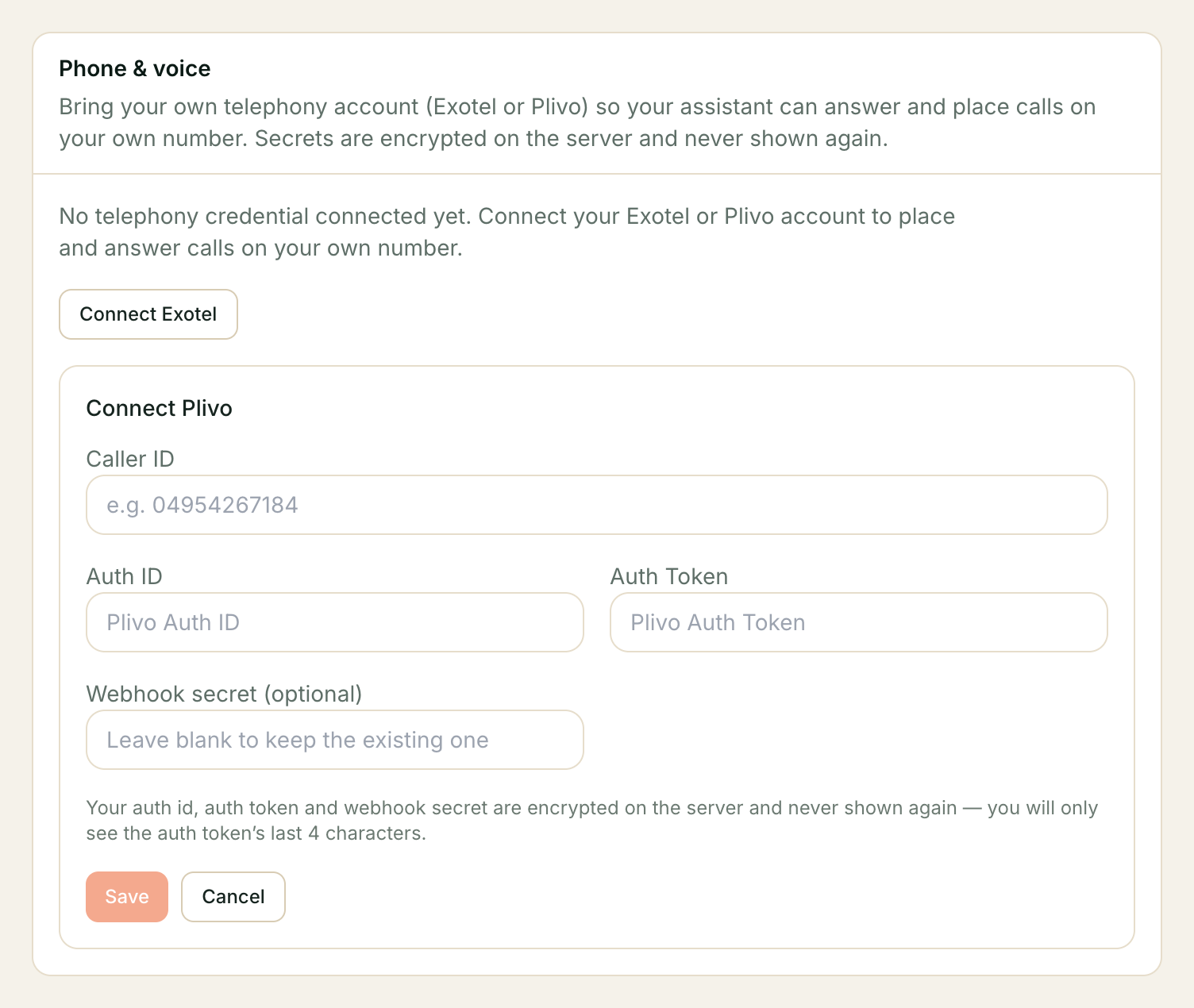 The Connect Plivo form: Caller ID, Auth ID, Auth Token, and an optional Webhook secret field.