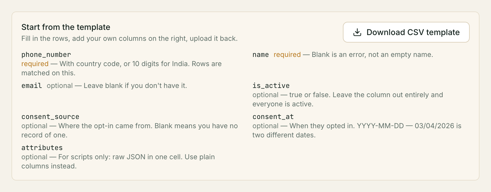 The 'Start from the template' card: every CSV column named and described.