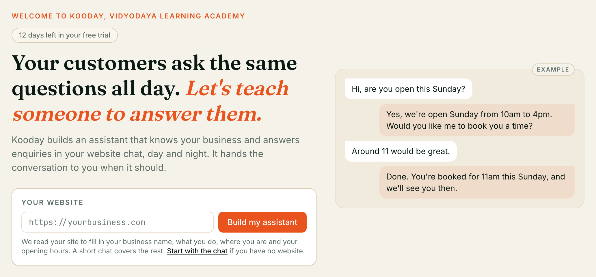 The welcome page for a coaching academy on a free trial, with a box to type the website, a Build my assistant button, and an example chat.