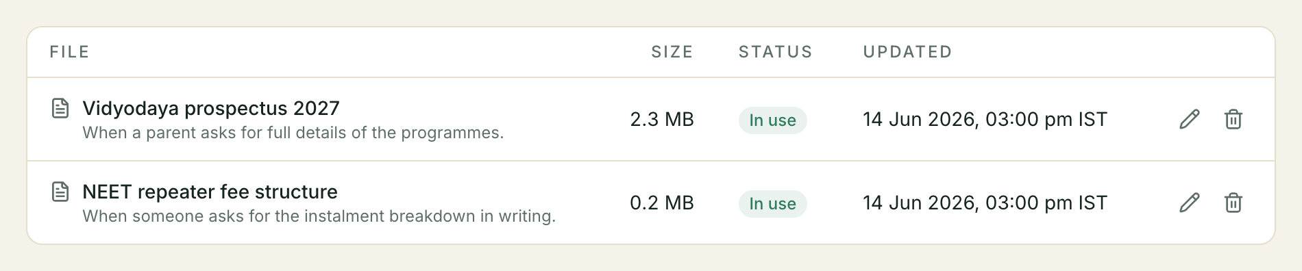 The Files you send table: two files, each with its own 'when to send' line, size, status and last-updated date.