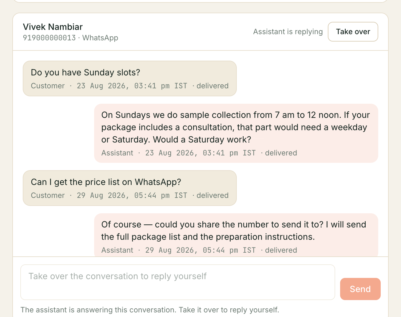 Kooday shared inbox showing a customer conversation and the Take over control