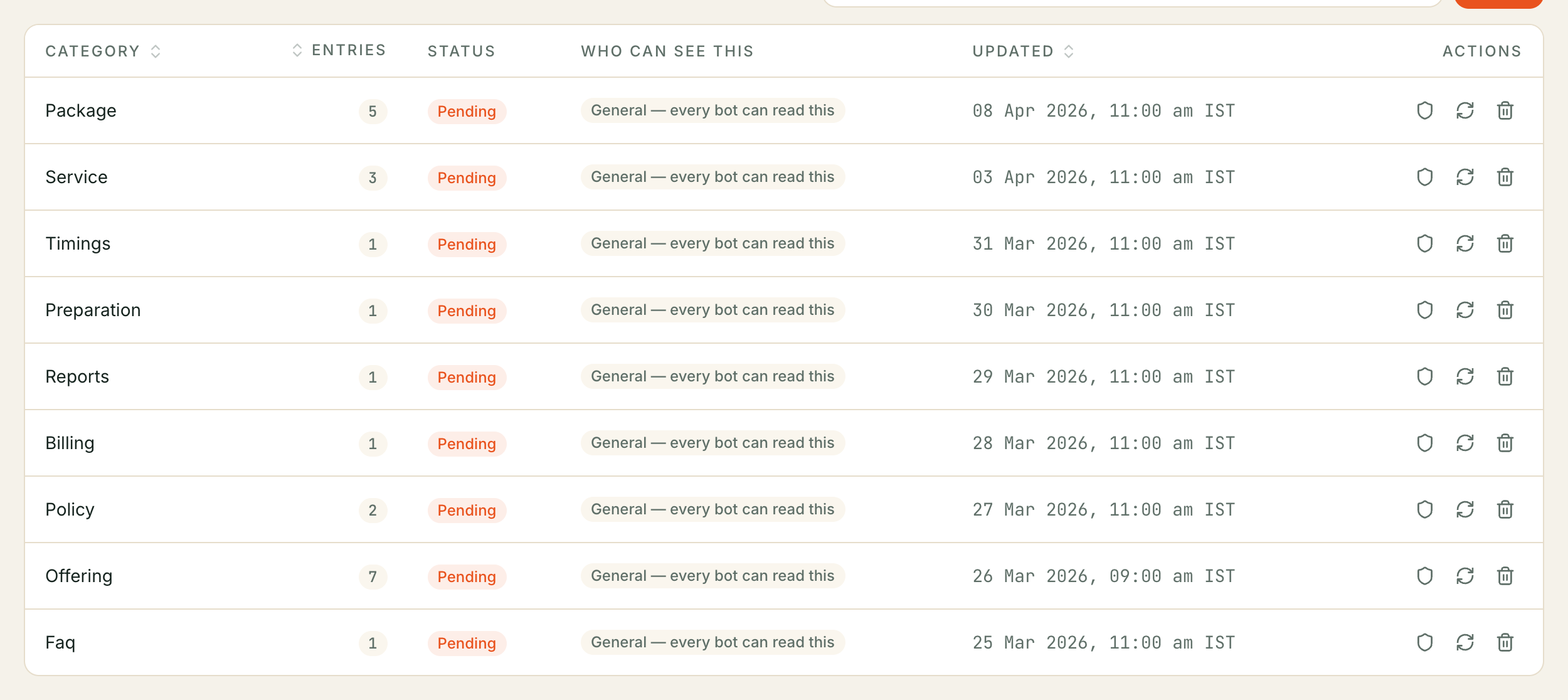 Kooday knowledge base showing approved business information and visibility controls