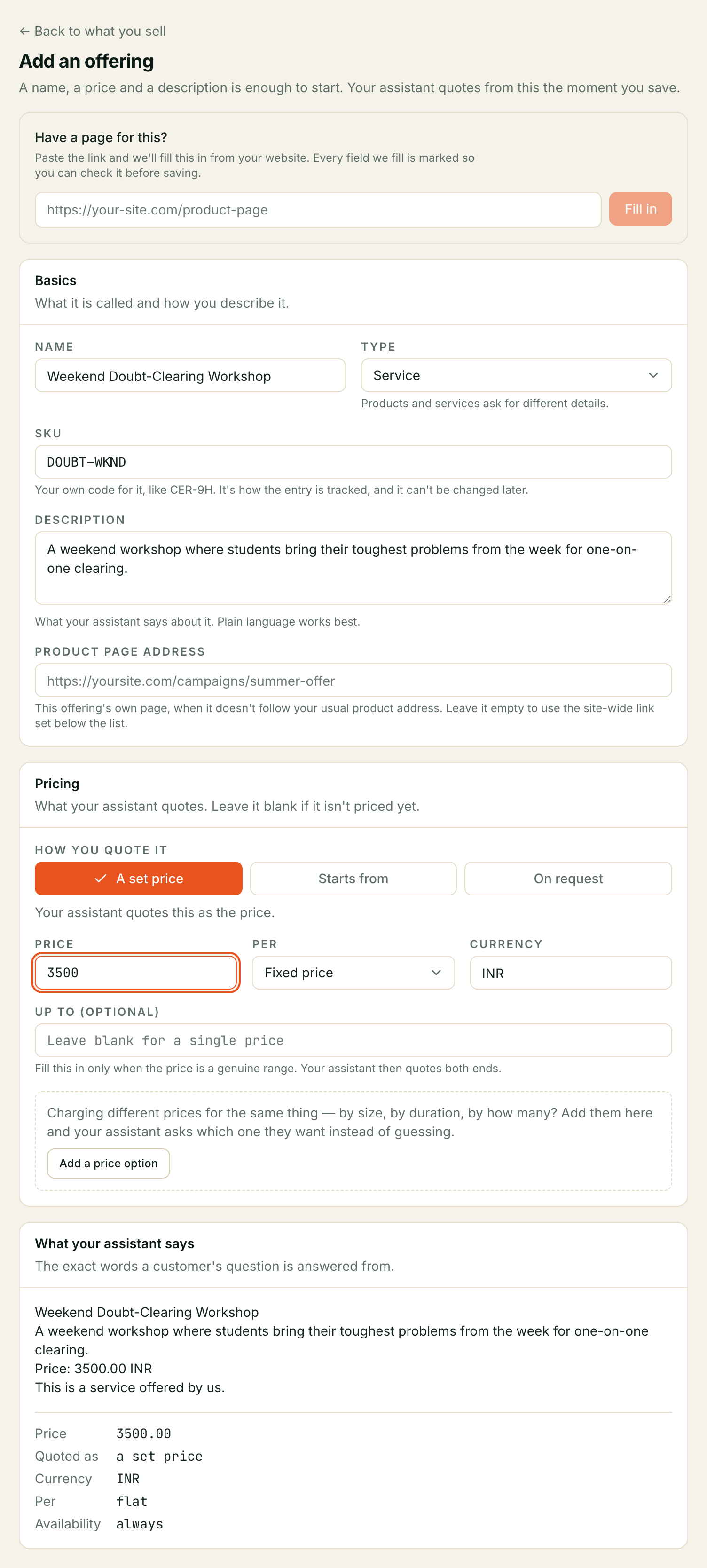 The Add offering form: Basics section with Name, Type, SKU and Description, and the Pricing section beneath it with how you quote it and the price, plus a live preview of what your assistant would say about it.