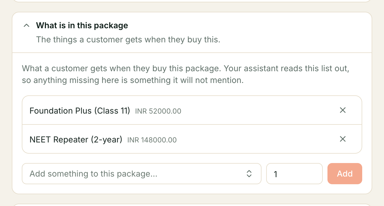 The 'What is in this package' editor: two included items with their own prices, and an 'Add something to this package' picker.
