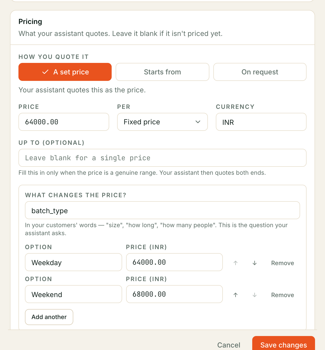 The Pricing card's price-options editor: 'What changes the price?' set to batch_type, with Weekday and Weekend options at their own prices.