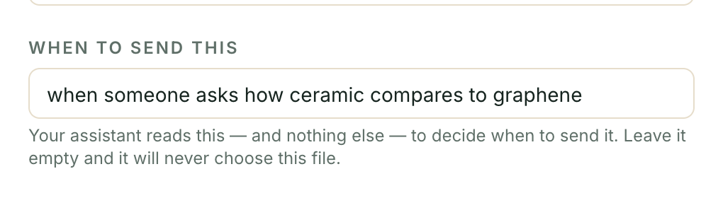 The When to send this field, filled in with 'when someone asks how ceramic compares to graphene', and a note that the assistant reads this — and nothing else — to decide when to send the file, and leaving it empty means it is never chosen.