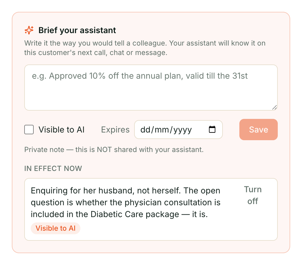 Kooday deal briefing panel with a note, AI visibility control and expiry date