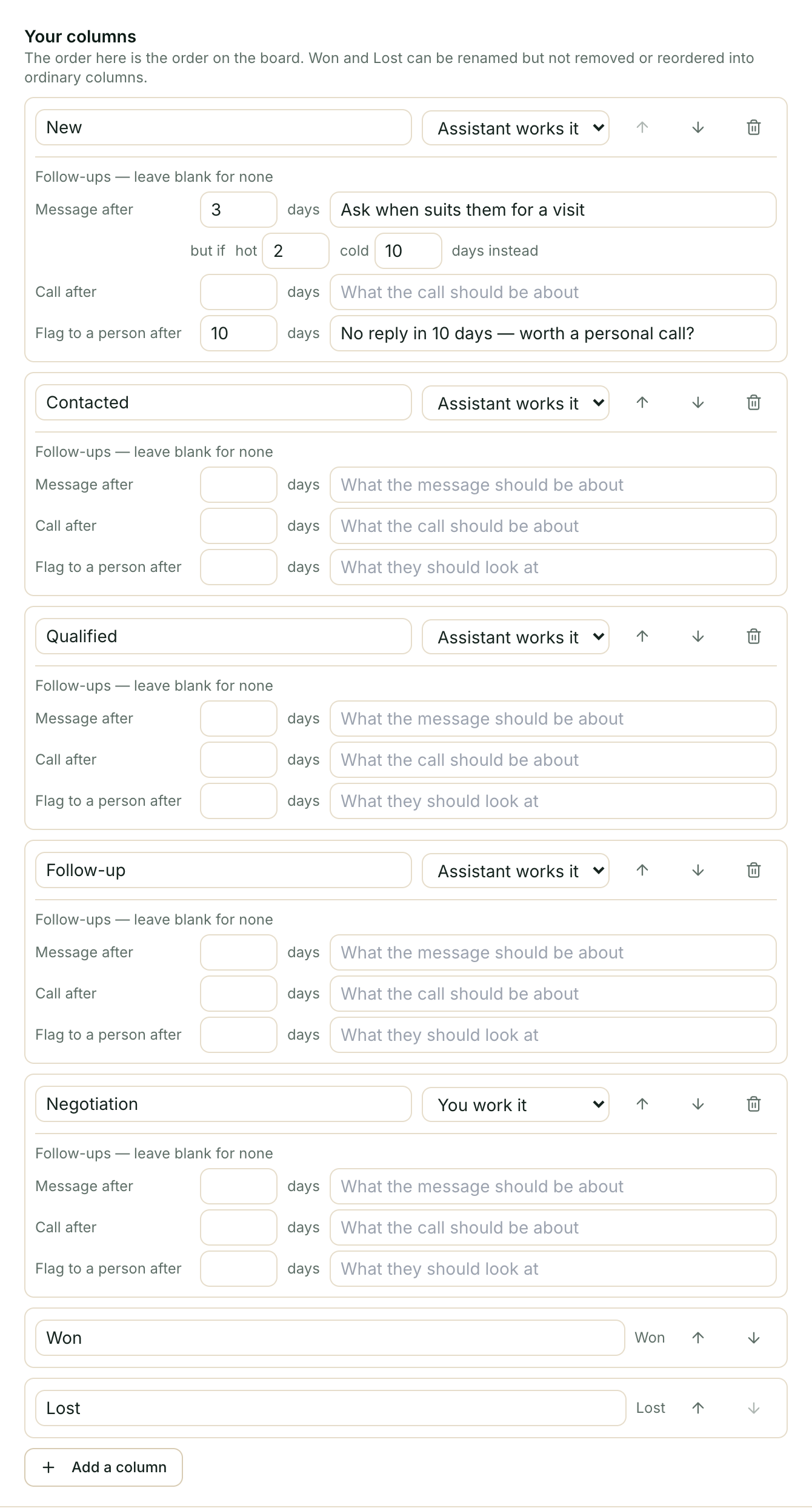 Kooday pipeline controls for stages, automated follow-ups and human handoff