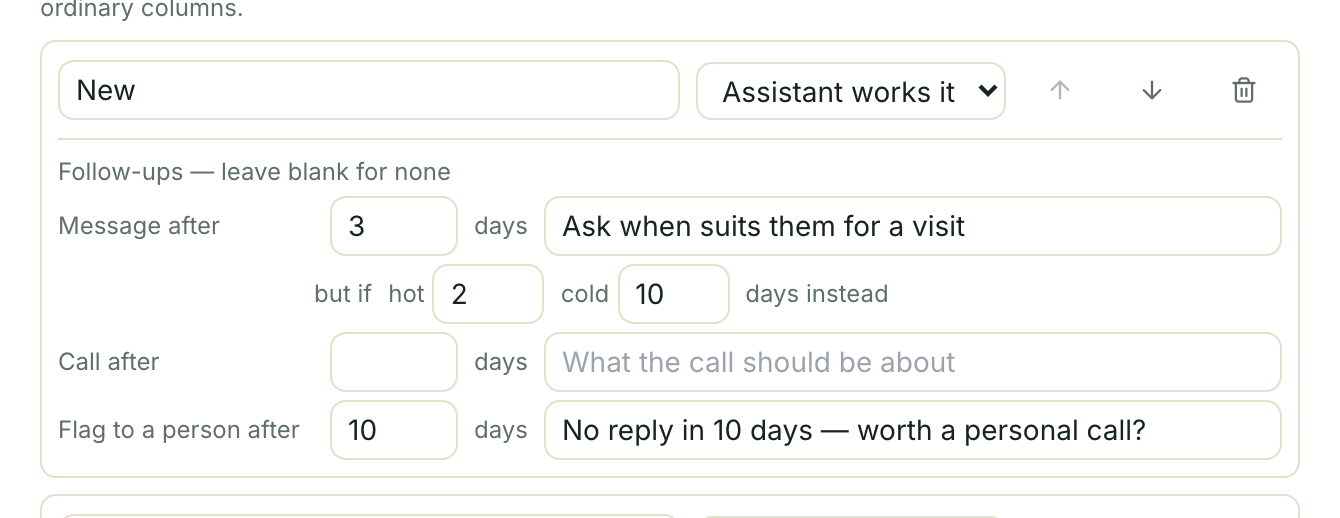 One column's follow-up settings: a message after three quiet days, sooner if hot and later if cold, and a flag to a person after ten.
