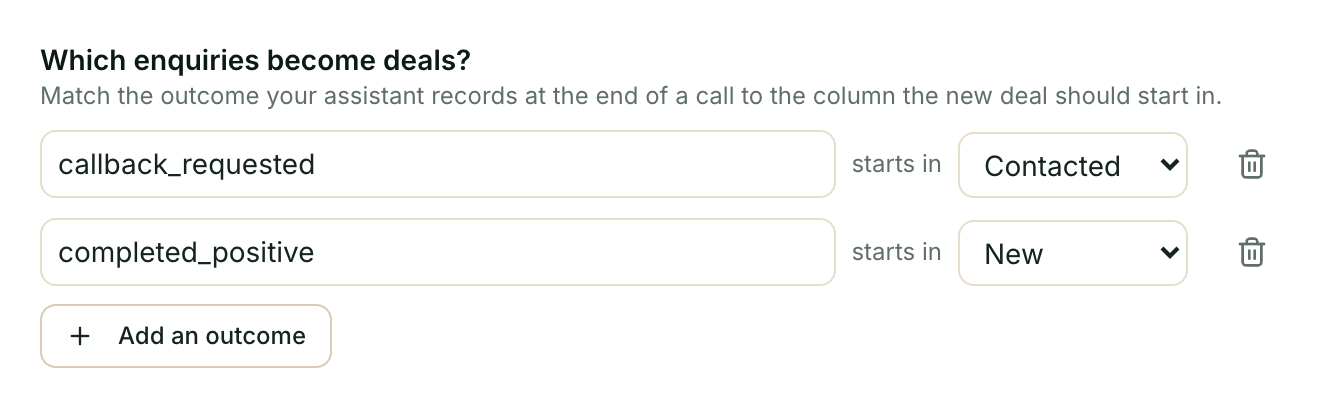 Two intake rules, each pairing a call outcome with the column a new deal starts in.