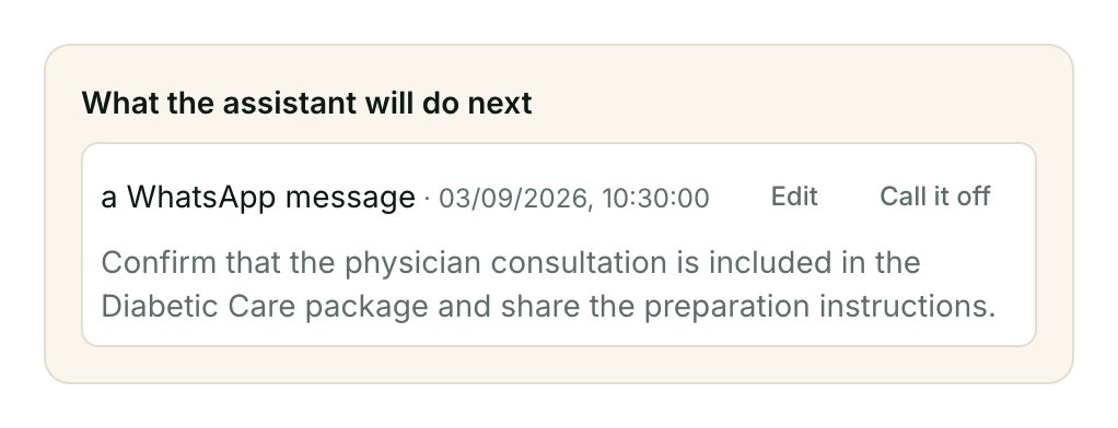 Kooday dashboard showing the assistant's next scheduled action for an opportunity