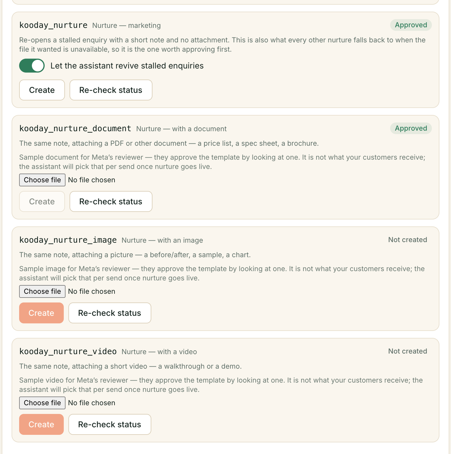 The four nurture templates: kooday_nurture and kooday_nurture_document Approved, kooday_nurture_image and kooday_nurture_video Not created — with the switch labelled Let the assistant revive stalled enquiries turned on.
