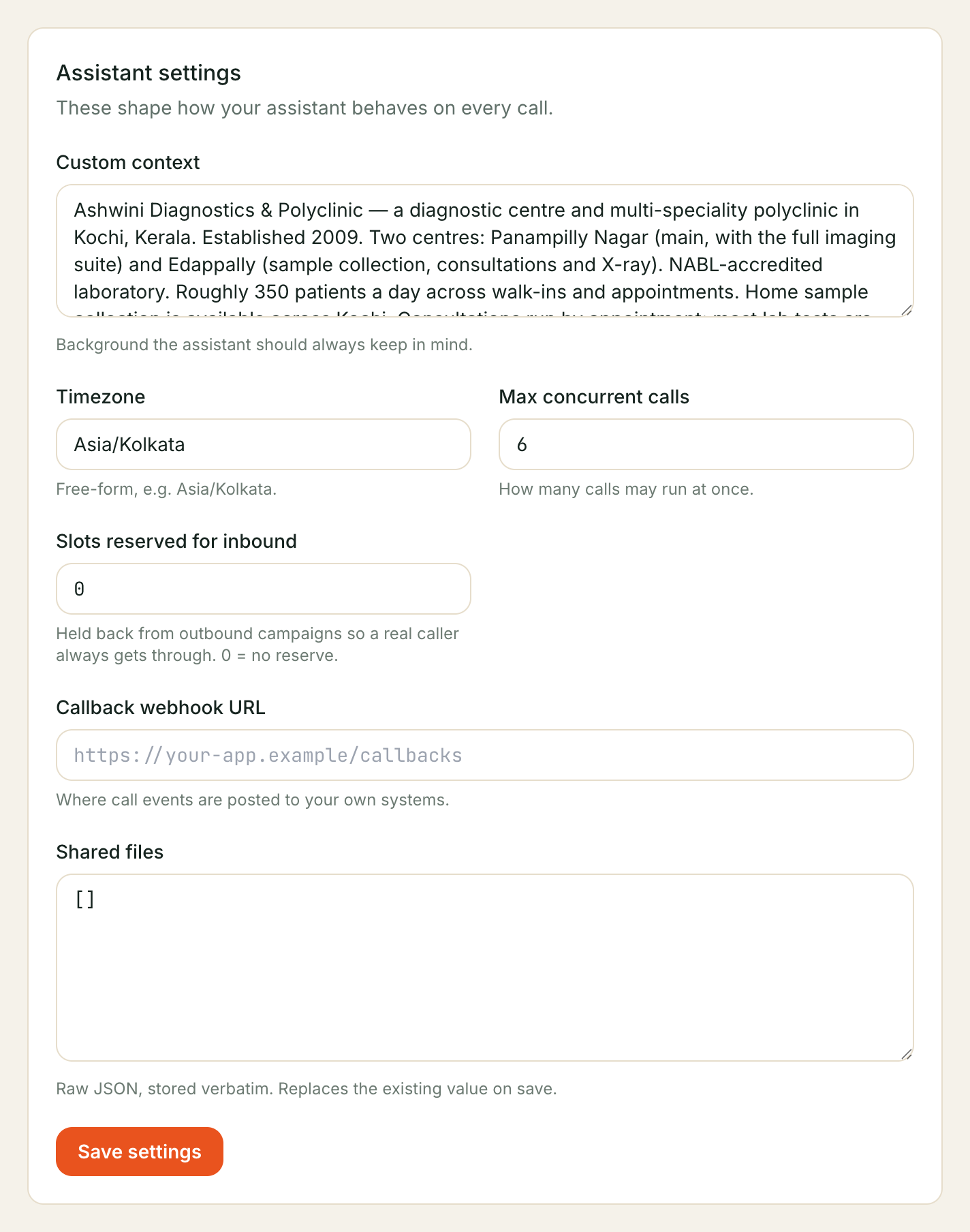 The Assistant settings card: Custom context, Timezone, Max concurrent calls, Slots reserved for inbound, Callback webhook URL and Shared files.