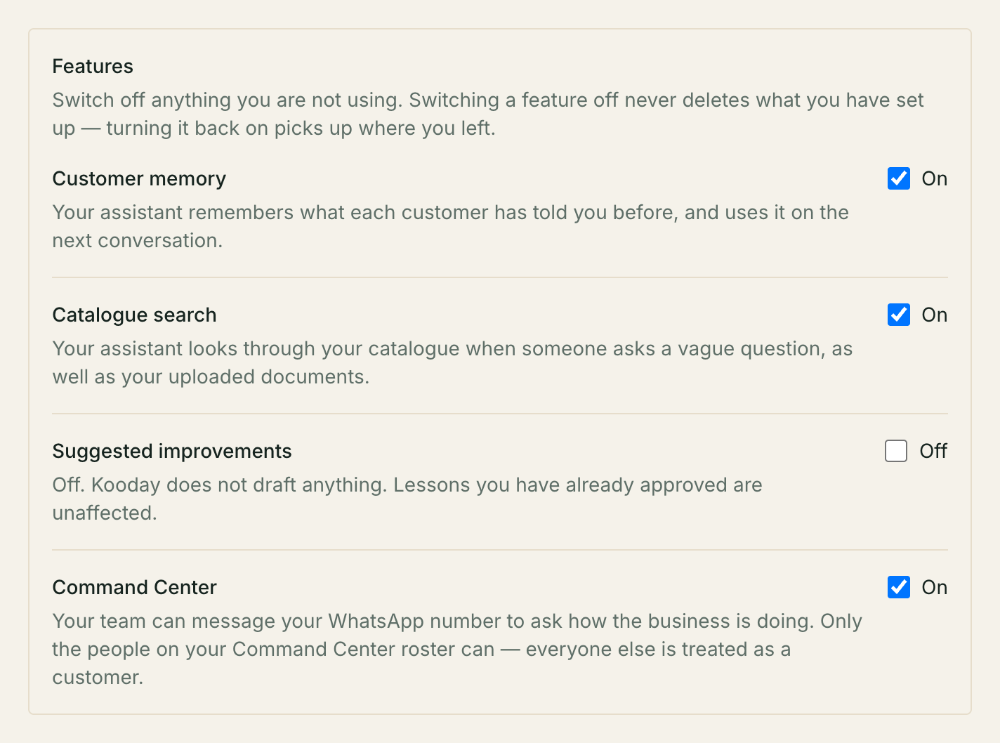 The Features card: Customer memory, Catalogue search, Suggested improvements and Command Center.