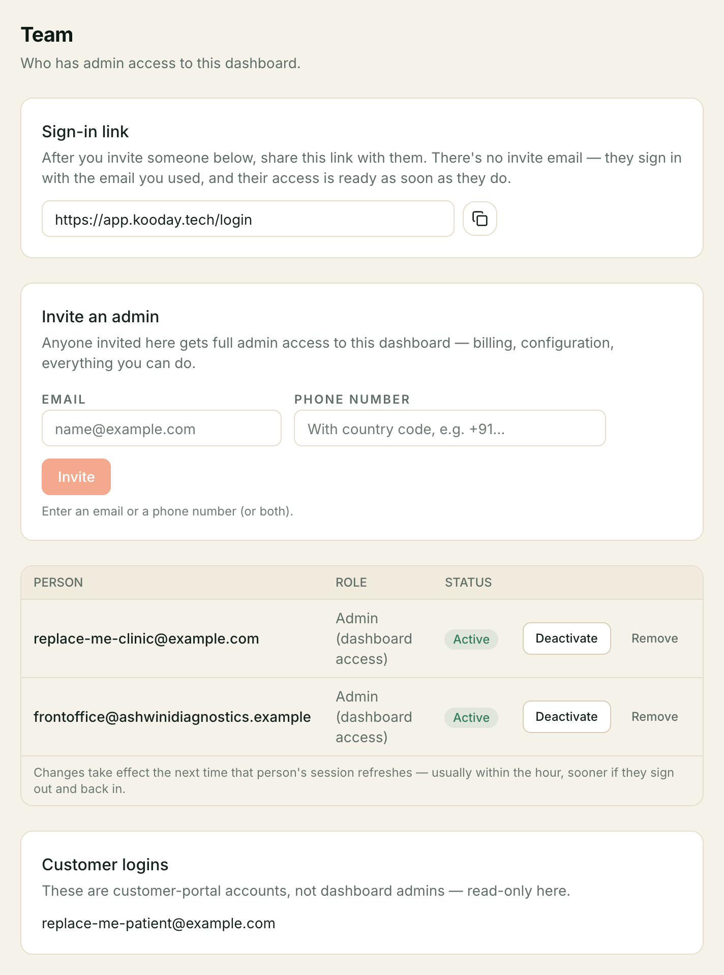 The Team page: the sign-in link, the Invite an admin form, and a roster table.