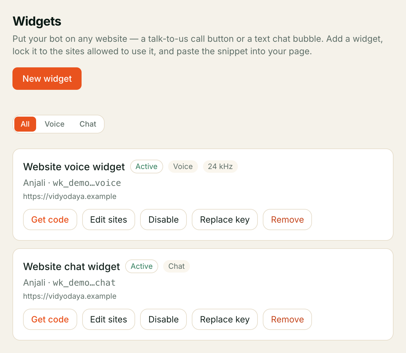The Widgets list: a voice widget and a chat widget, each Active, with the bot it's bound to, its allowed sites, and Get code / Edit sites / Disable / Replace key / Remove actions.